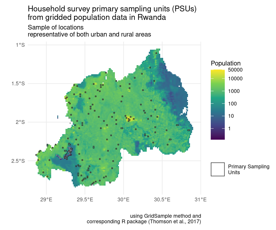 Figure 3. Grid map of Rwanda displaying generated primary sampling units (PSUs) using the GridSample package vignette (Thomson et al., 2018) and WorldPop (2020) data in a containerized computational environment with R version 4.0.1. The scale on the right ranges from 1 to 500,000. The map shows a variation in PSUs across Rwanda, ranging largely between 1,000 and 100,000, with different spots of varying densities.